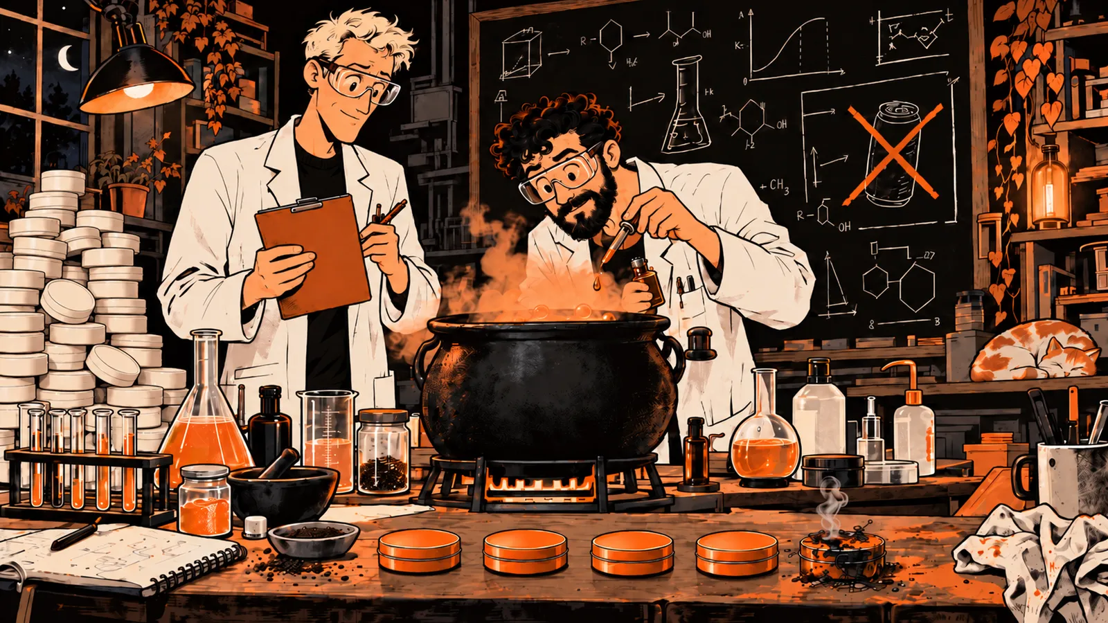Illustration: zwei Gründer im Labor an einem Kessel, daneben runde orange Dosen und eine Tafel mit einer durchgestrichenen Getränkedose.
